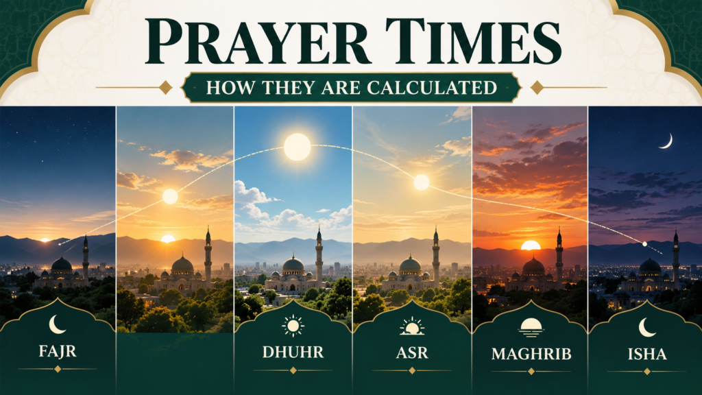 Illustrated daily journey through Fajr, sunrise, Dhuhr, Asr, Maghrib and Isha