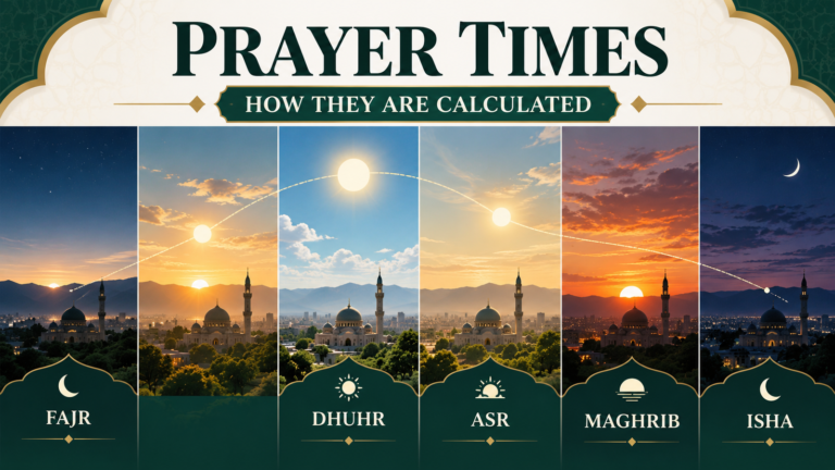 Illustrated daily journey through Fajr, sunrise, Dhuhr, Asr, Maghrib and Isha